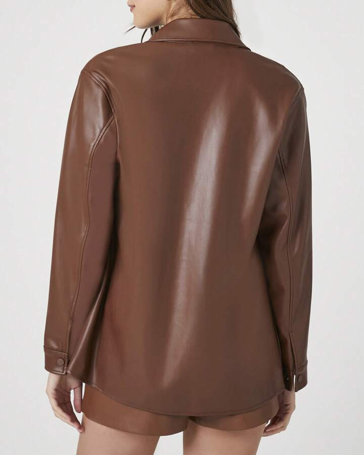 Forever 21 Faux Leather Snap-Button Shacket | SHEIN