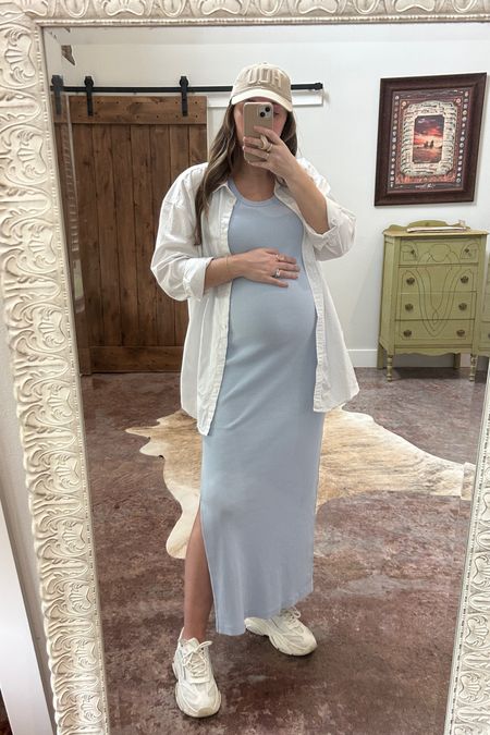 Casual bump outfit 🤍 target dress is a size Large, button up is a size XXL, shoes I sized up 1/2! 
.
.
.
spring outfits, spring style, Easter outfit, maternity style, pregnancy style, bump style, casual dress, target dress. 

#LTKfindsunder50 #LTKbump #LTKstyletip