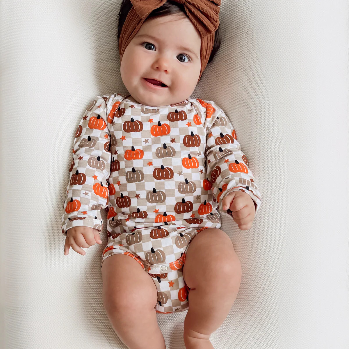 Long Sleeve Bodysuit, Pumpkin Checkerboard | SpearmintLOVE