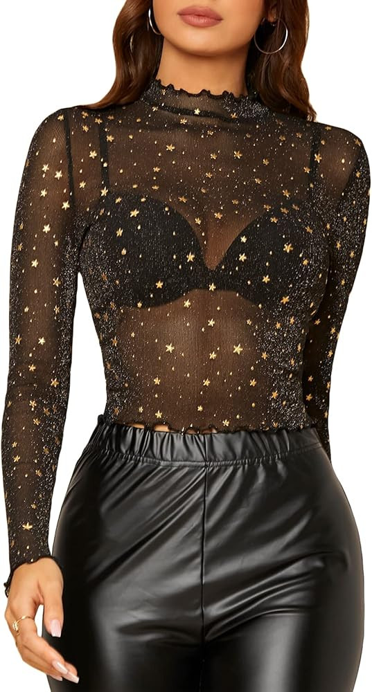 Floerns Women's Mock Neck Long Sleeve See Though Sheer Mesh Tops Tee Shirt | Amazon (US)