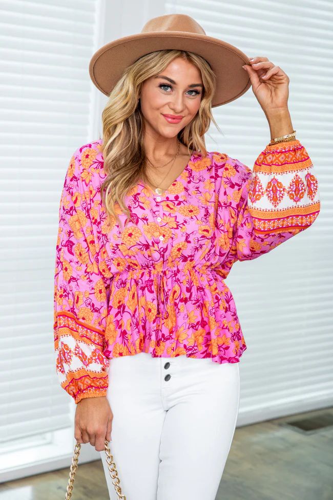 On To New Adventures Pink Printed Peplum Blouse | Pink Lily