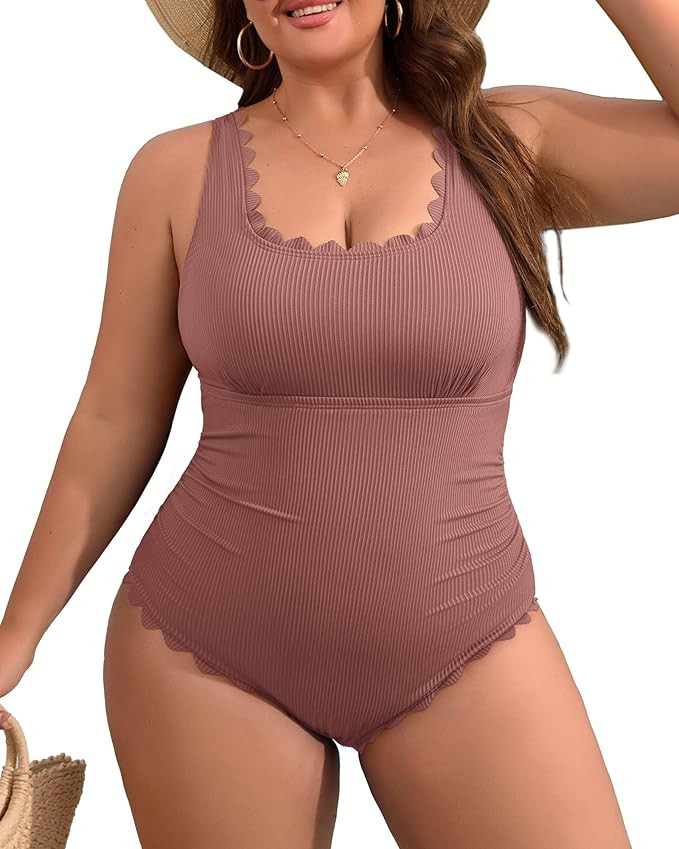 Charmo Plus Size Swimsuit for Women 2026 Tummy Control Scalloped Ribbed One Piece Swimsuits Ruche... | Amazon (US)