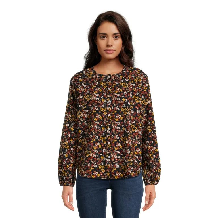 Time and Tru Women's Button Front Blouse with Long Sleeves, Sizes XS-XXXL | Walmart (US)