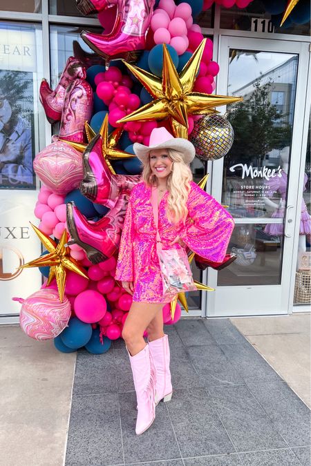 OOTD for ACM awards 
Pink sequin wrap dress 
Amazon clear bag stadium approved 
Light pink fringe cowboy boots 
Rhinestone pink cowgirl hat 
Butterfly hat
Concert outfit era outfit TSwift concert outfit eras tour birthday outfit bachelorette outfit Nashville outfit 

#LTKunder100 #LTKstyletip #LTKshoecrush
