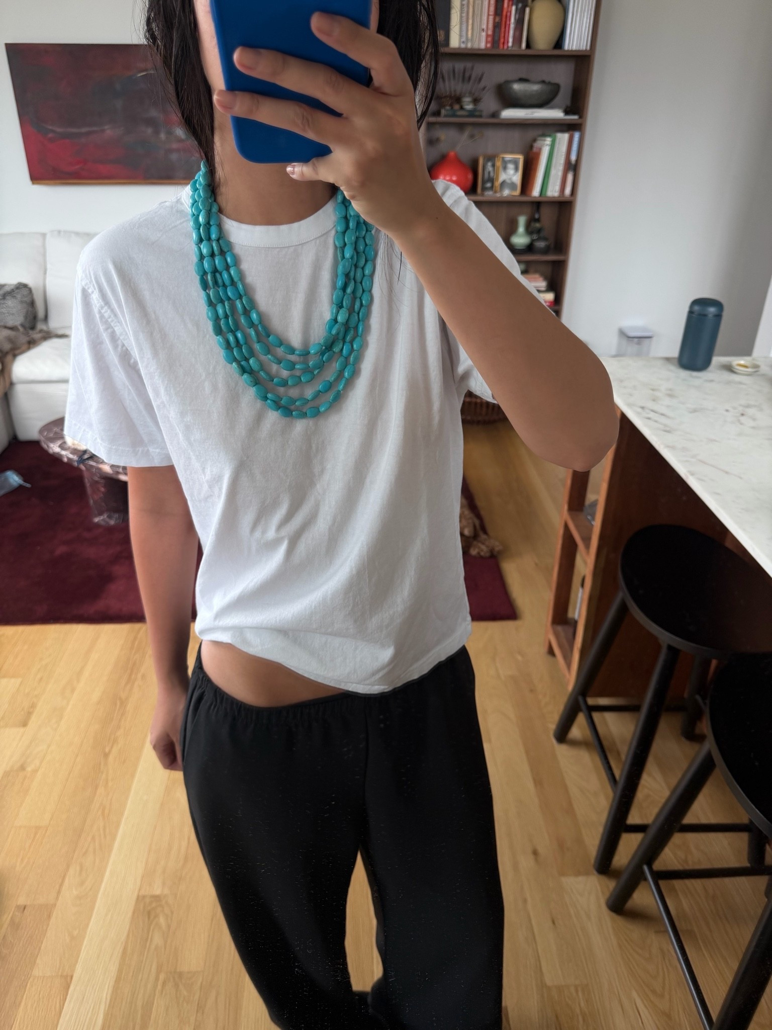 Tee size large, pants size small, necklace from Etsy