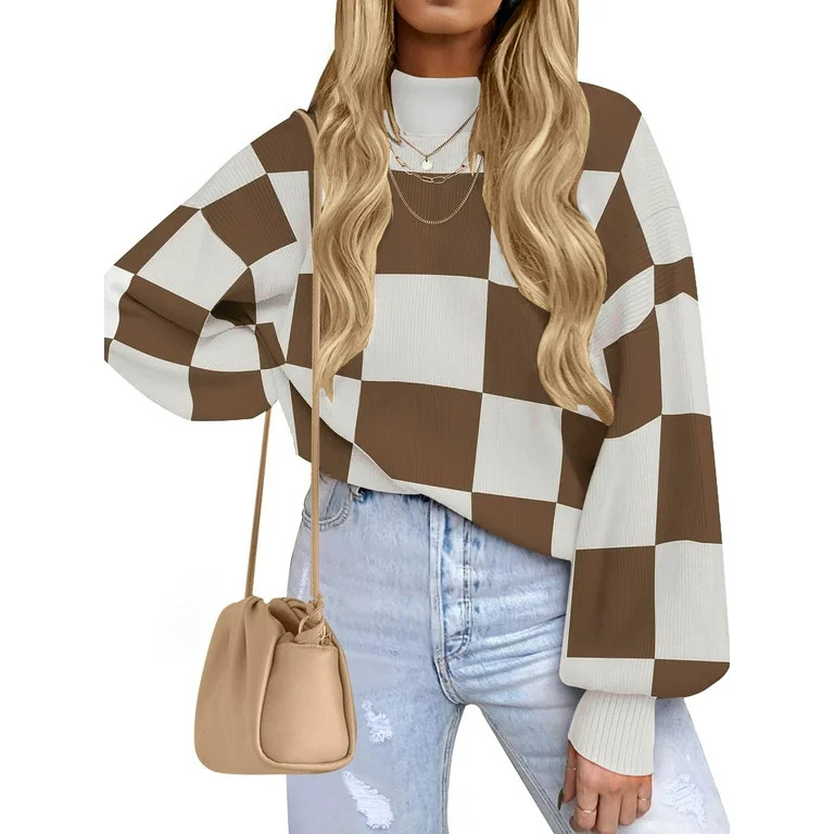 MOSHU Oversized Sweaters for Women Drop Shoulder Plaid Colorblock Tops Fall Crewneck Pullover Swe... | Walmart (US)
