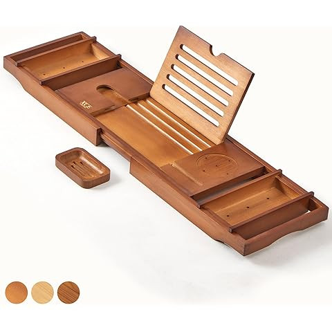 Teak Bathtub Tray | Adjustable Width Tray with Wine Holder, Tablet/Phone & Book Stand, Splash-Pro... | Amazon (US)