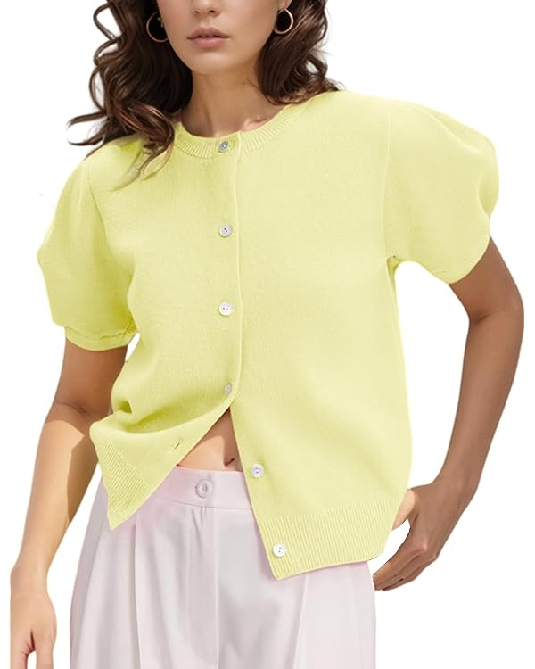 Womens Puff Short Sleeve Cropped Cardigan Lightweight Button Up Sweater Crew Neck Summer Knit Y2k... | Amazon (US)