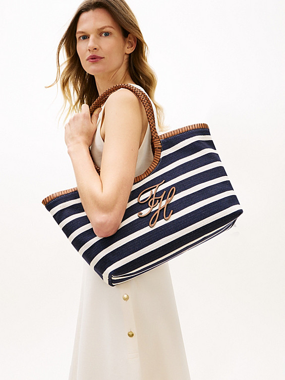 Stripe Textured Logo Tote Bag | Blue | Tommy Hilfiger | Tommy Hilfiger UK