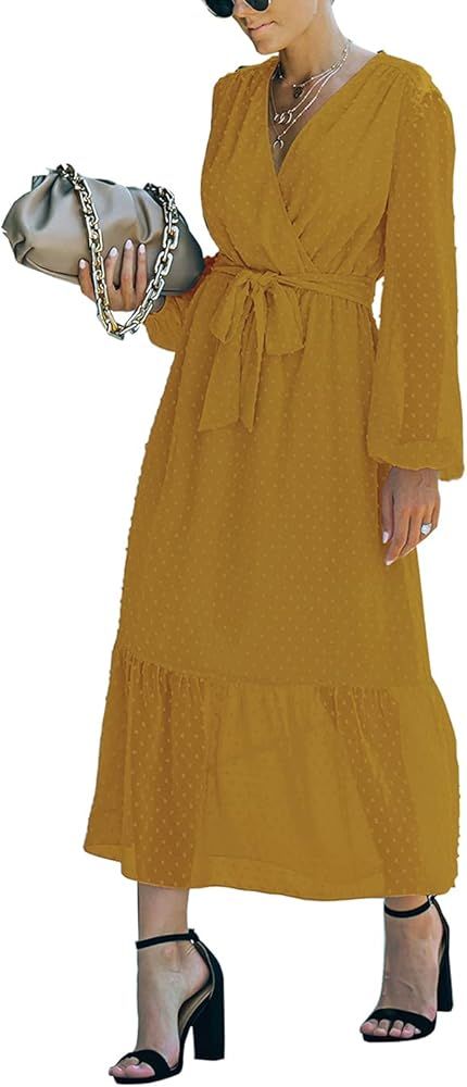 KIRUNDO Women's Long Sleeve V Neck Ruffle Boho Floral Print Maxi Dress Casual High Waist Chiffon ... | Amazon (US)