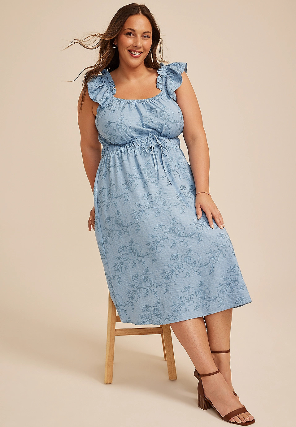 Plus Size Chambray Embroidered Floral Micro Flutter Midi Dress | Maurices