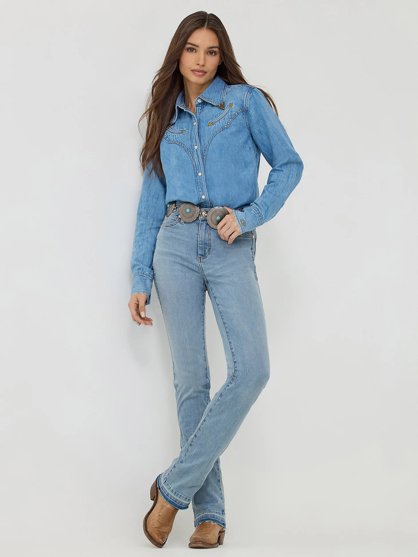 Wrangler x Lainey Wilson Raw Hem Boot Huggers in Sky Wash | Wrangler