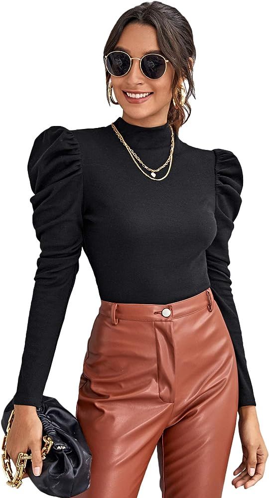 SweatyRocks Women's Elegant Puff Long Sleeve Round Neck Plaid Print T Shirt Tops | Amazon (US)