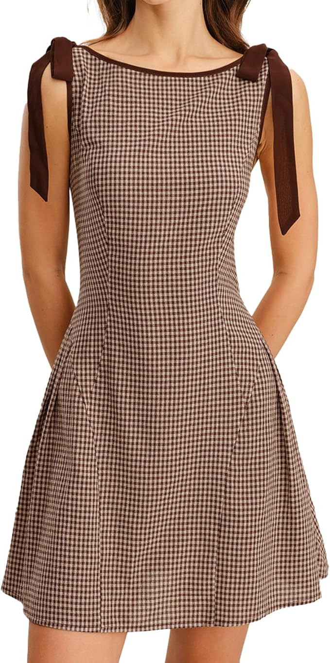 RIHOAS Women's Plaid Boat Neck A-Line Midi Dress - Casual Vintage Plaid Dress for Women | Amazon (US)