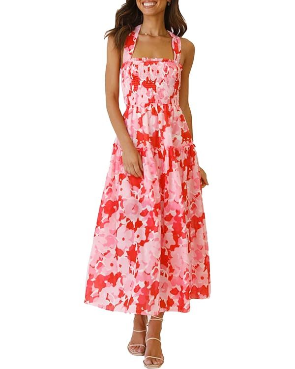 PRETTYGARDEN Women's 2023 Summer Maxi Dress Halter Neck Backless Ruffle Smocked Casual Long Flowy... | Amazon (US)