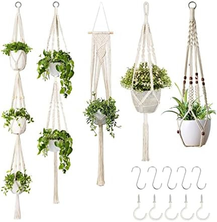 Amazon.com: GROWNEER 5 Packs Macrame Plant Hangers with 5 Hooks, Different Tiers, Handmade Cotton... | Amazon (US)