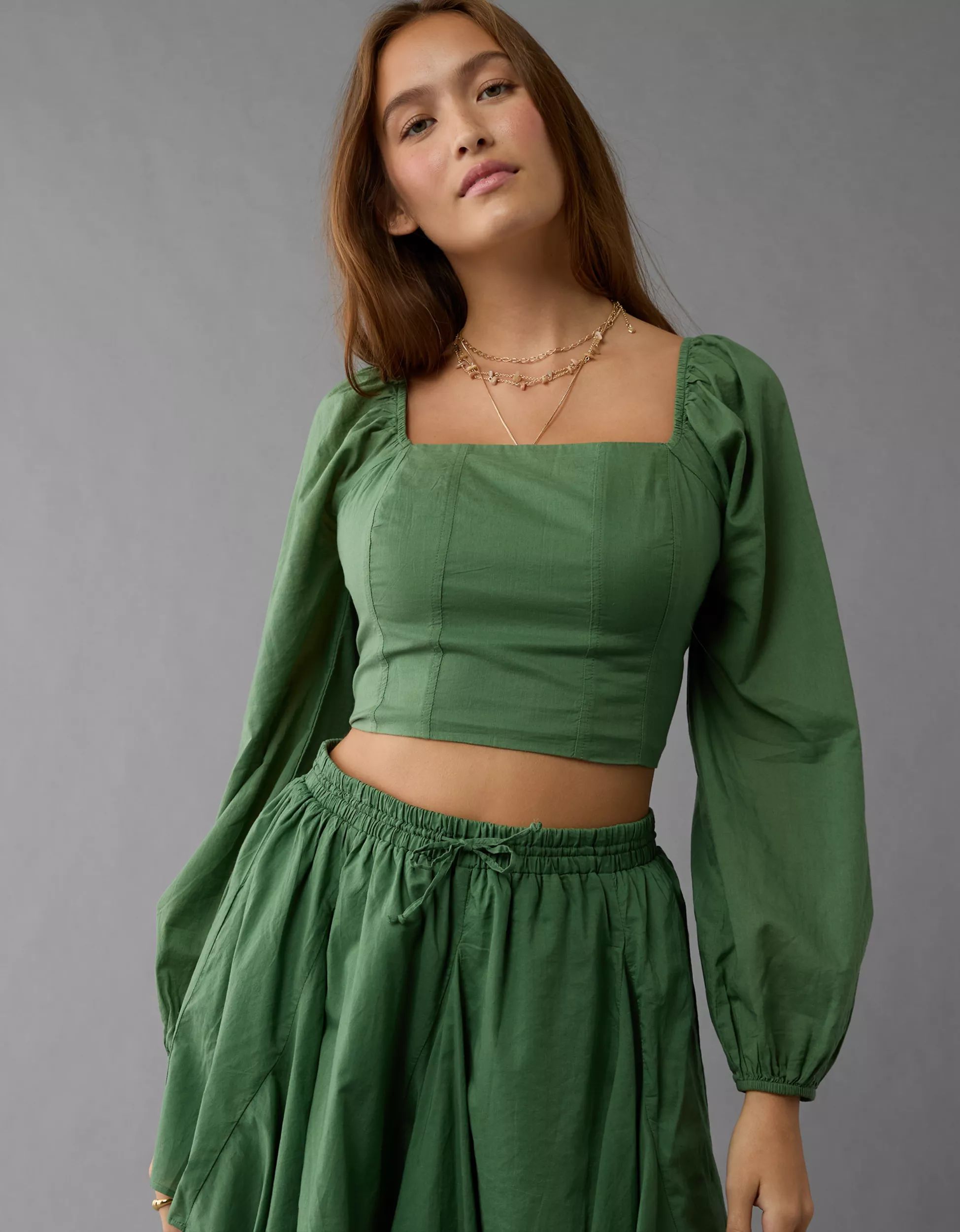 AE Cropped Corset Balloon Sleeve Top | American Eagle Outfitters (US & CA)