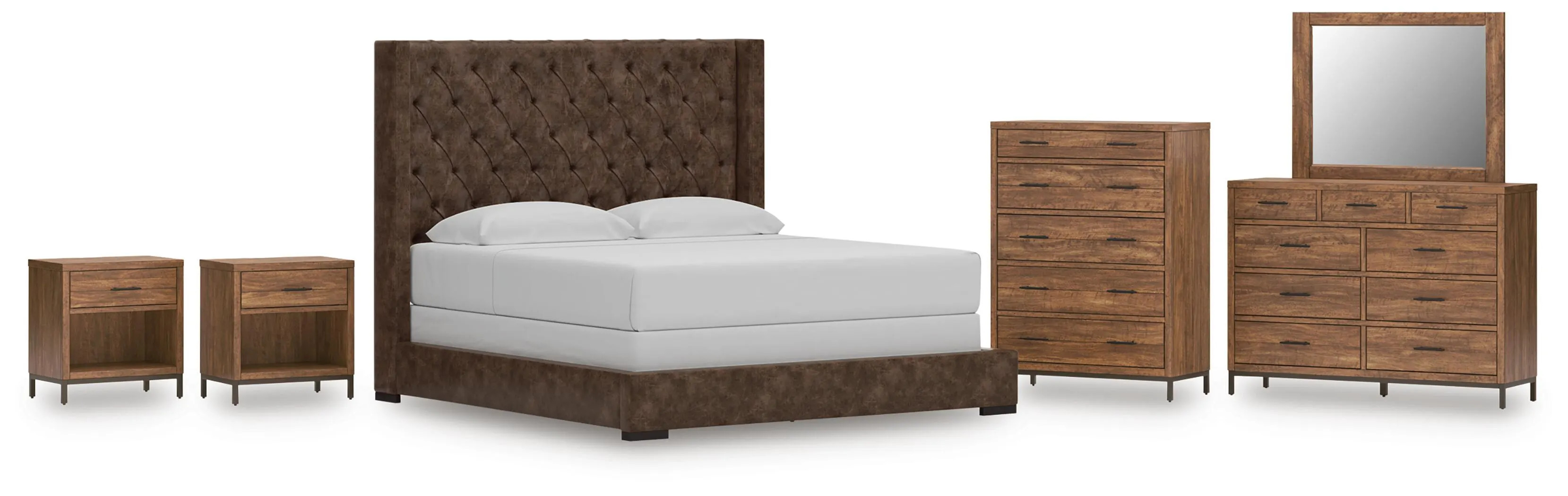 Steenlage King Upholstered Bed with Mirrored Dresser, Chest and 2 Nightstands, Brown | Ashley