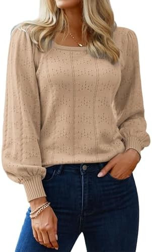 Hotouch Sweaters for Women 2026 Fall Trendy Tops Casual Puff Sleeve Square Neck Cute Tunic Pullov... | Amazon (US)