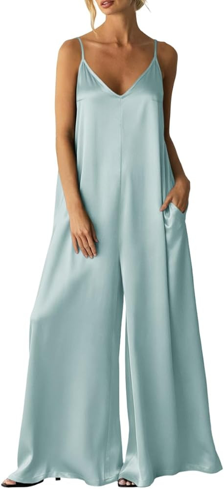 Womens Satin Wide Leg Jumpsuits Dressy Flowy Date Night Rompers Outfits | Amazon (US)