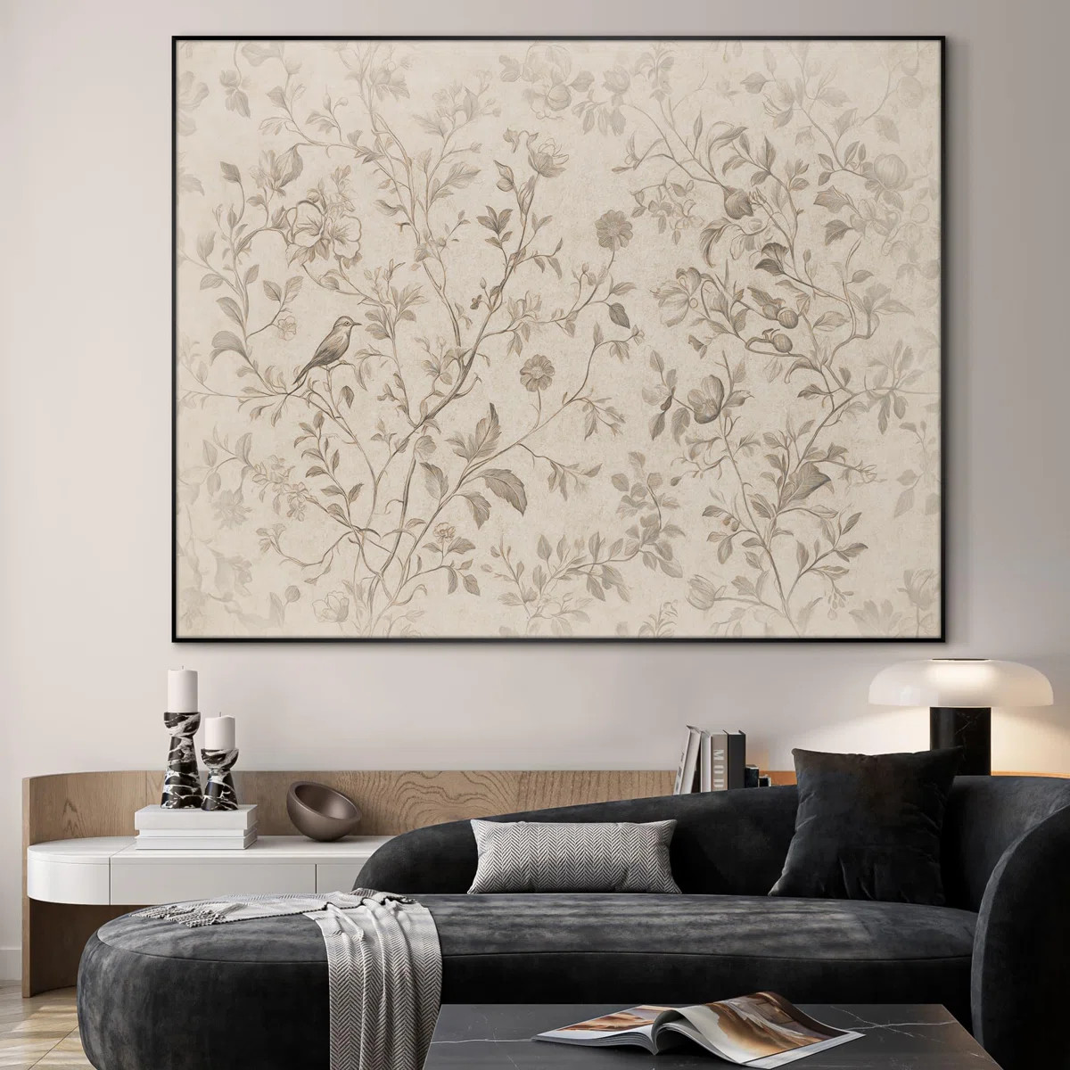 Extra Large Framed Wall Art Vintage Botanical Floral Drawing with Bird Print for Home Living Room... | Wayfair North America