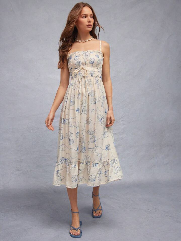 WESTFADE Summer Seashell Embroidered Ruffle Square Neck Cute Bow Tie Front Sleeveless Smocked Flowy Vacation Maxi Dress | SHEIN