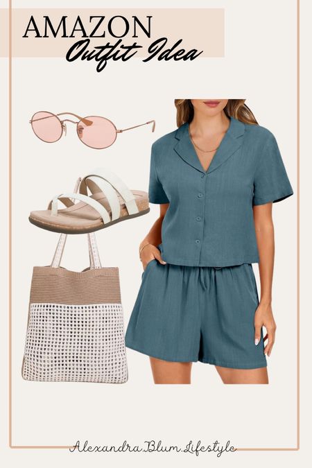 Casual two piece set from Amazon perfect travel outfit or vacation outfit! Affordable beach tote bag, white sandals, and perfect summer  sunglasses! Spring outfit! Summer outfit! 

#LTKtravel #LTKfindsunder50 #LTKswim