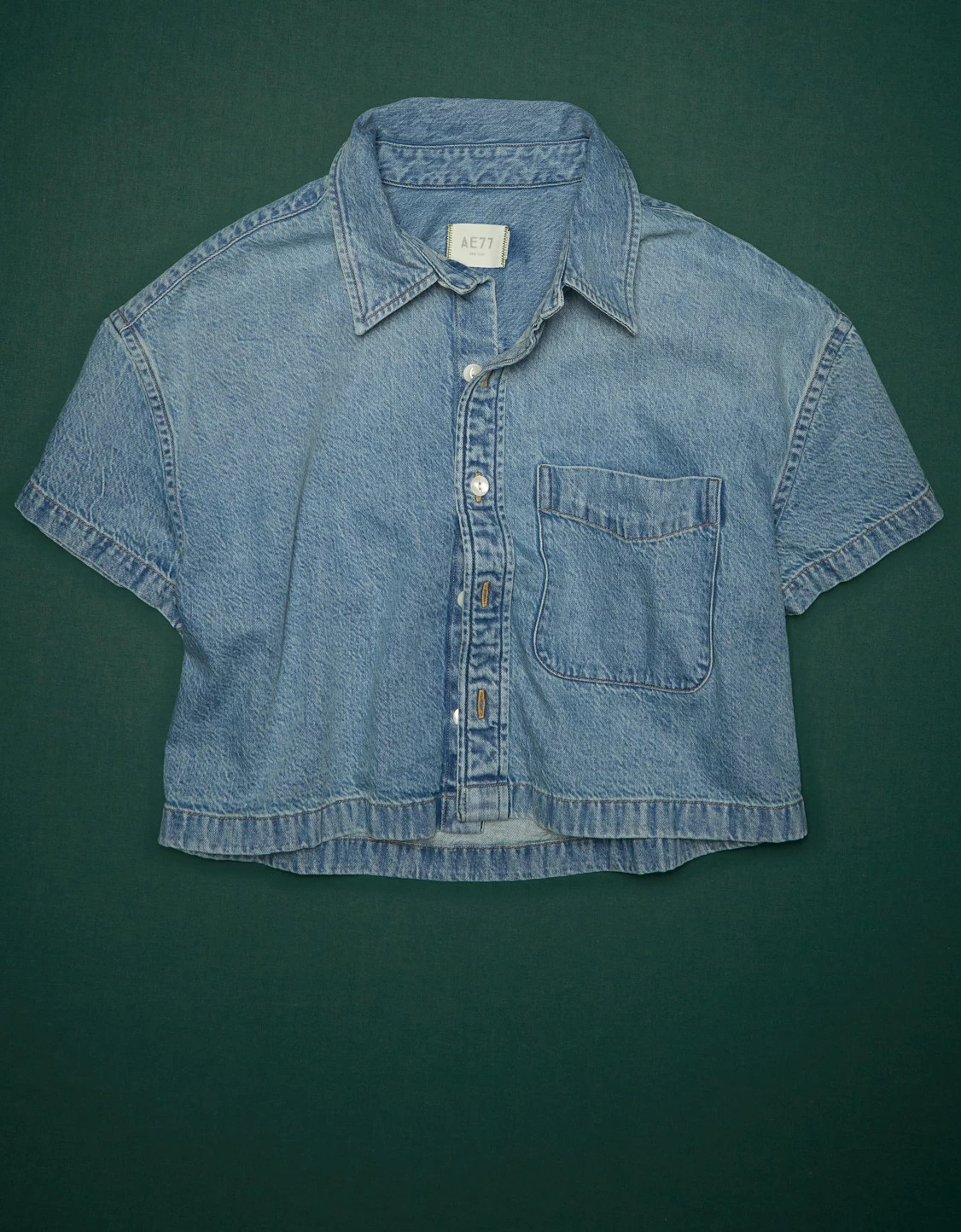 AE77 Premium Boxy Crop Denim Shirt | American Eagle Outfitters (US & CA)