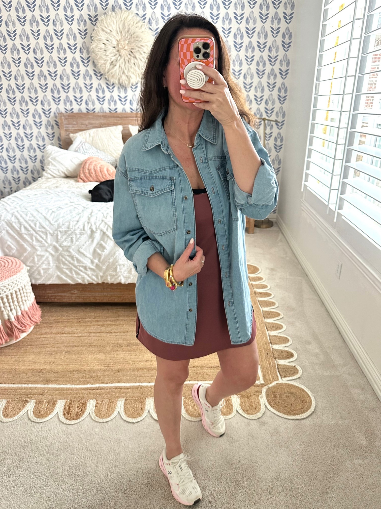Wearing a small in this oversized chambray shirt. 
Active dress has built in cups and shorts. Split in the back for easy bathroom use...no getting naked to pee!🤣 4 color ways. Sizes XS-XXXL
I'm wearing my normal size (medium). 