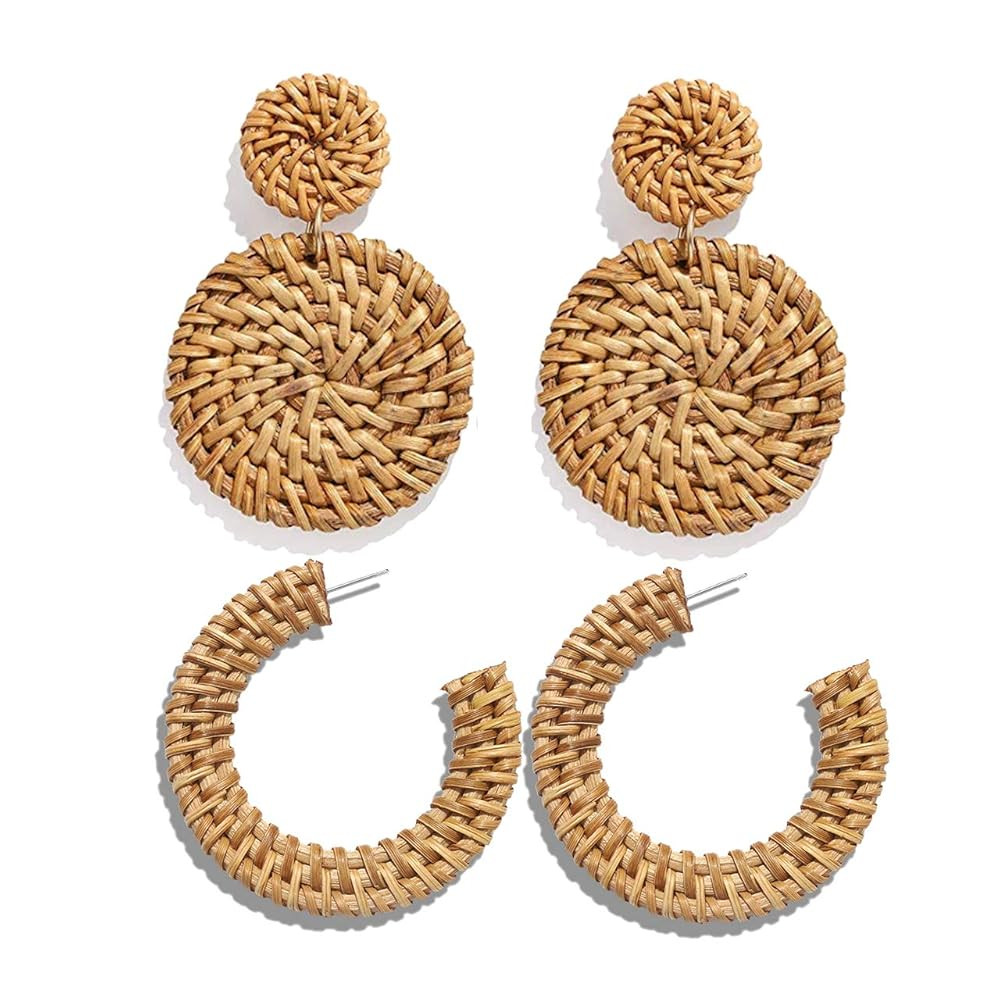 Rattan Statement Hoop Earrings - Woven Dangle Drop Earrings Set | Amazon (US)