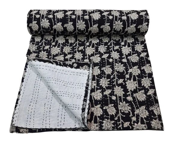 Kantha Quilt, Kantha Blanket, Kantha Throw, Vintage Kantha, Stitch Quilt, Tree Print Black Kantha... | Etsy (US)