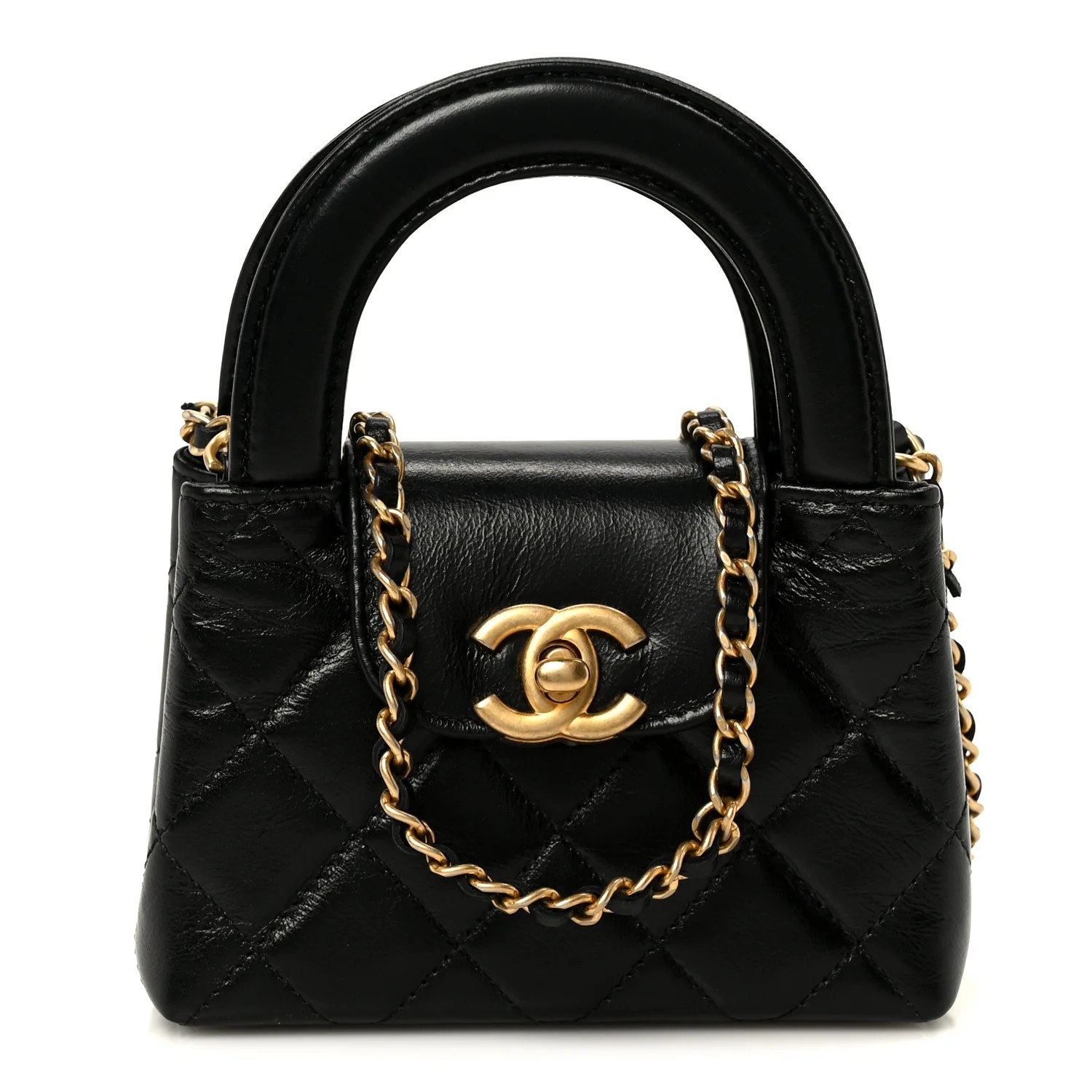 Chanel Shiny Aged Calfskin Quilted Mini Nano Kelly Shopper Black 1872375 | FASHIONPHILE (US)