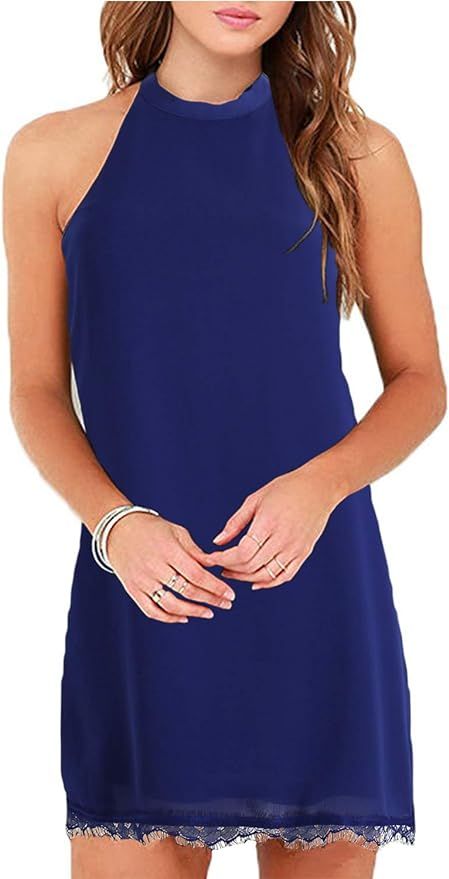 Fantaist Women's Sleeveless Halter Neck Patchwork Lace Mini Casual Shift Dress | Amazon (US)