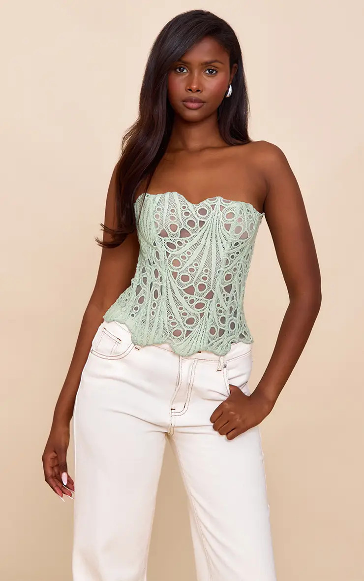 Pale Lime Textured Sheer Floral Lace Corset | PrettyLittleThing US