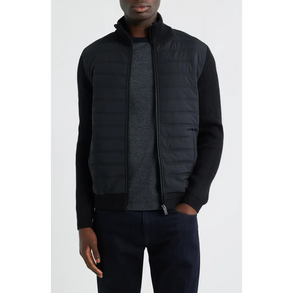Reiss Townsend Hybrid Quilted & Rib Zip Jacket in Black at Nordstrom, Size Xx-Large | Nordstrom