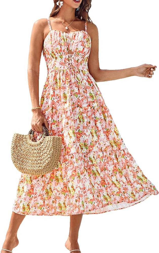 GRACE KARIN Women's Summer Floral Dress 2025 Spaghetti Strap Smocked Tiered Casual Beach Boho Max... | Amazon (US)