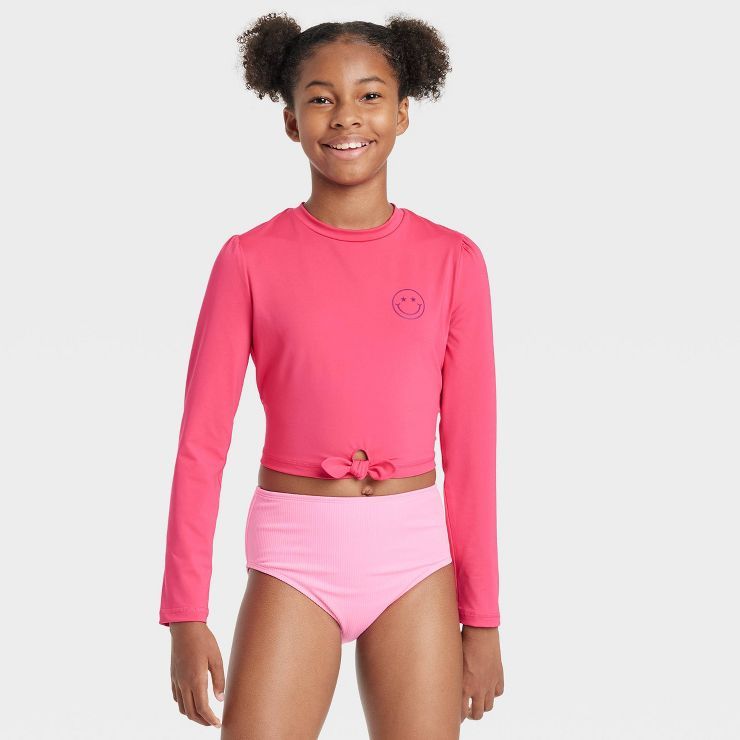 Girls' Smiley Face Long Sleeve Rash Guard Swim Top - art class™ Pink | Target