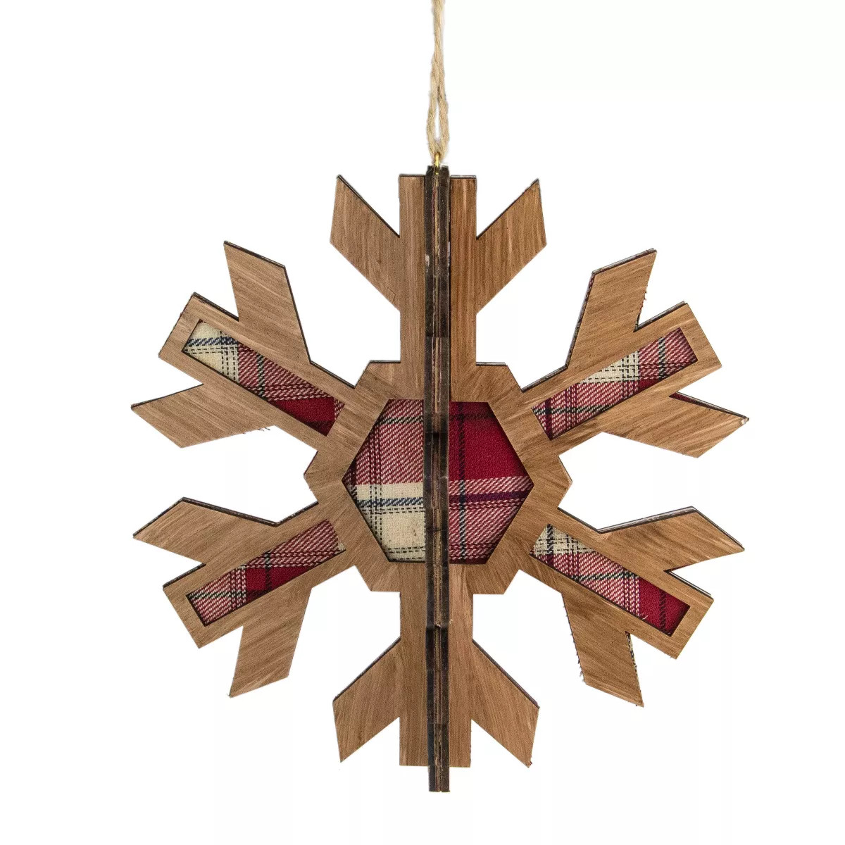 Northlight Faux Wood and Plaid 3-D Starburst Snowflake Christmas Ornament - 7" - Brown and Red | Target