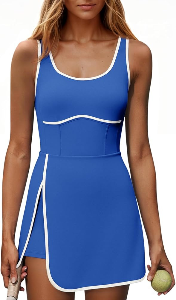 Fisoew Womens Workout Tennis Dress with Built-in Bra & Shorts Pockets Sleeveless Cutout Golf Athl... | Amazon (US)