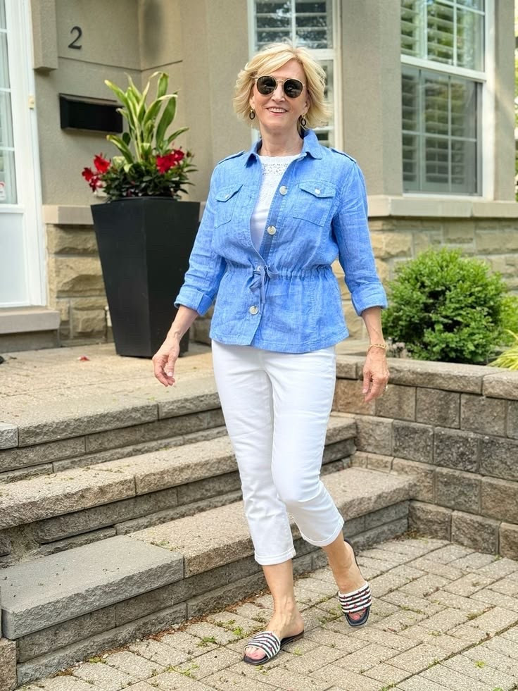 This blue linen jacket makes even the simplest outfit feel polished. 💙 Paired with white cropped pants and comfy slides, it’s an easy look I know I’ll reach for again and again—classic, comfortable, and perfect for everyday.

#LTKSeasonal #LTKOver40 #LTKootd