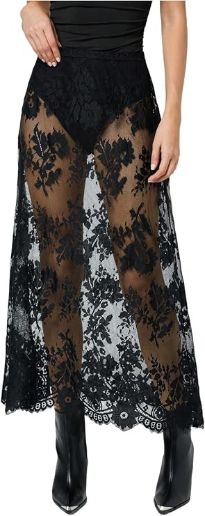 WDIRARA Women's Floral Lace Sheer Long Skirt High Waisted Flared A Line Skirts | Amazon (US)