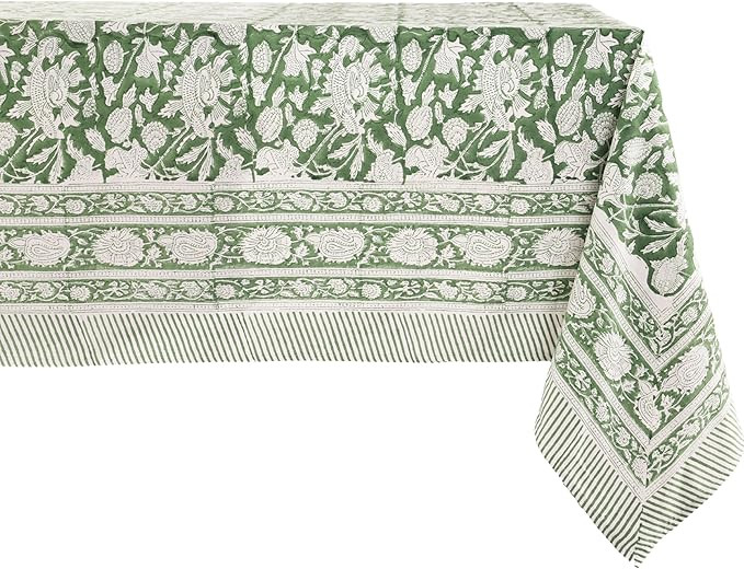 ATOSII Meraki Green 100% Cotton Spring Summer Tablecloth, Block Print Rectangle Table Cover - Din... | Amazon (US)