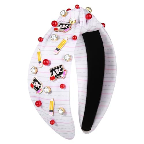 boderier Teacher Headbands for Women Jeweled Crystal Knotted Headband Pencil ABC Embellished Headband Back to School Hair Accessory Teacher Appreciation Gifts(White) | Amazon (US)
