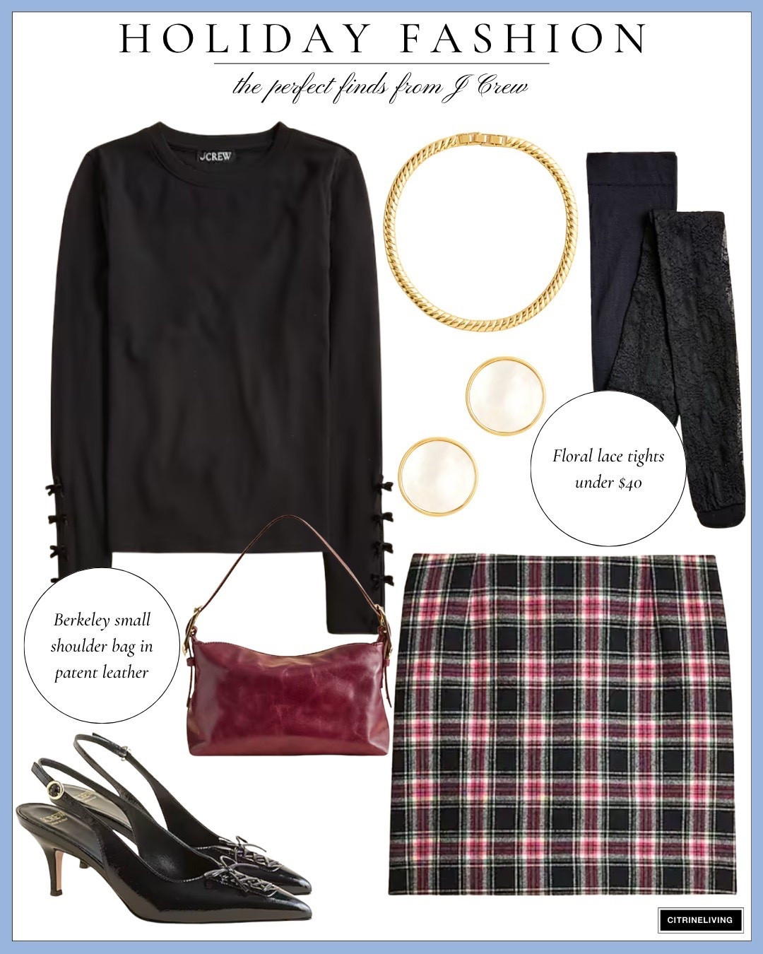 Holiday fashion from J Crew! Holiday fashion, holiday style, Christmas fashion, Christmas style, sweater, black sweater, gold necklace, tartan skirt, black kitten heels, red handbag, Christmas finds

#LTKSeasonal #LTKHoliday #LTKFindsUnder100