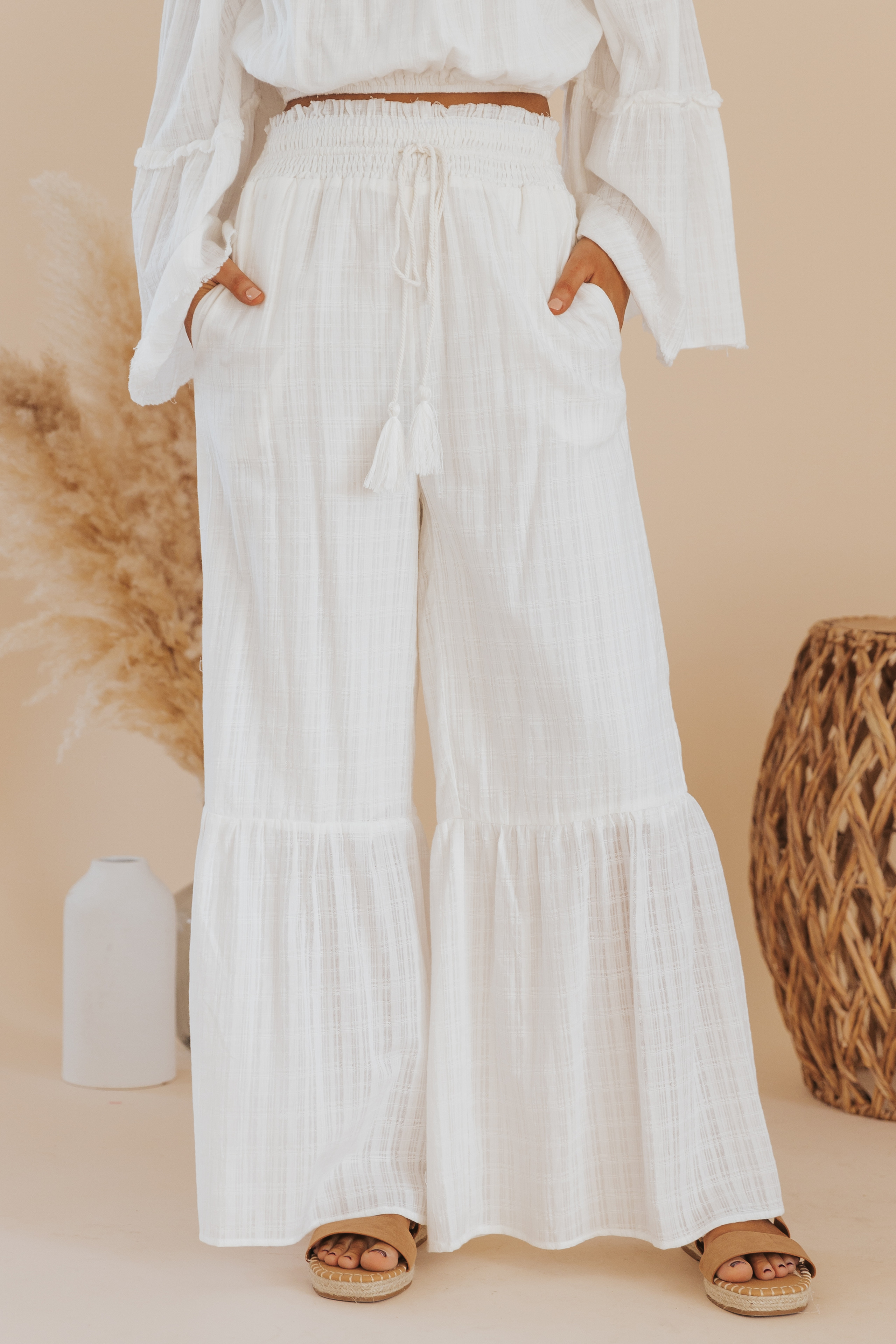 Drawstring Tiered Flare Cream Pants | Magnolia Boutique