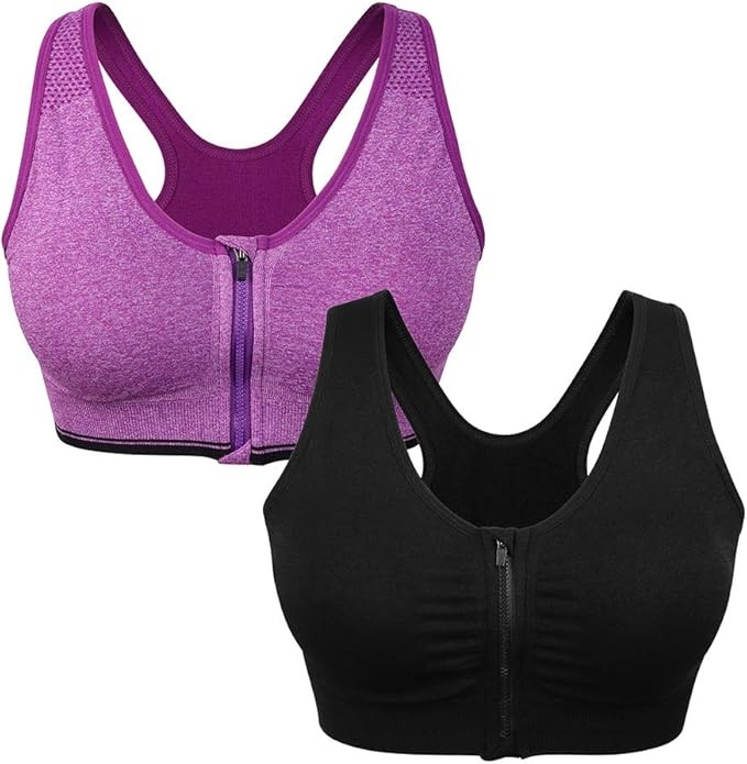 Women's Zip Front Sports Bra Wireless Post-Surgery Bra Active Yoga Sports Bras | Amazon (US)