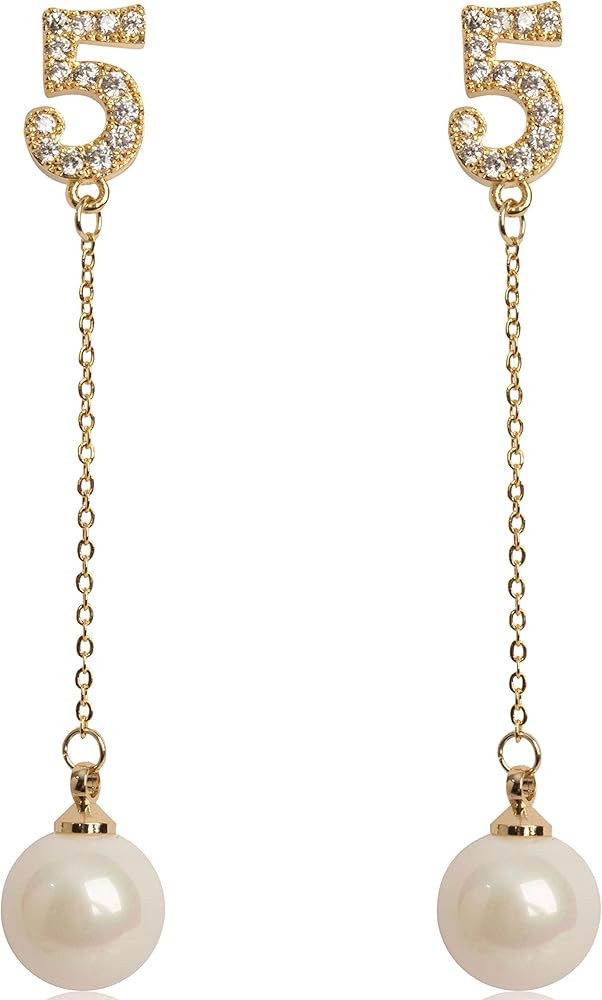 Designer Rhinestone Imitation Faux Pearl Lucky Number Five Dangle Earrings Studs for Women | Amazon (US)