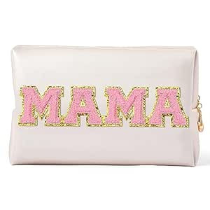 Y1tvei Preppy Patch Extra Large Mama Varsity Letter Makeup Bag Pink Chenille Letter PU Leather Wa... | Amazon (US)