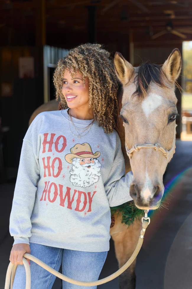 Ho Ho Howdy Santa Light Grey Graphic Sweatshirt | Pink Lily