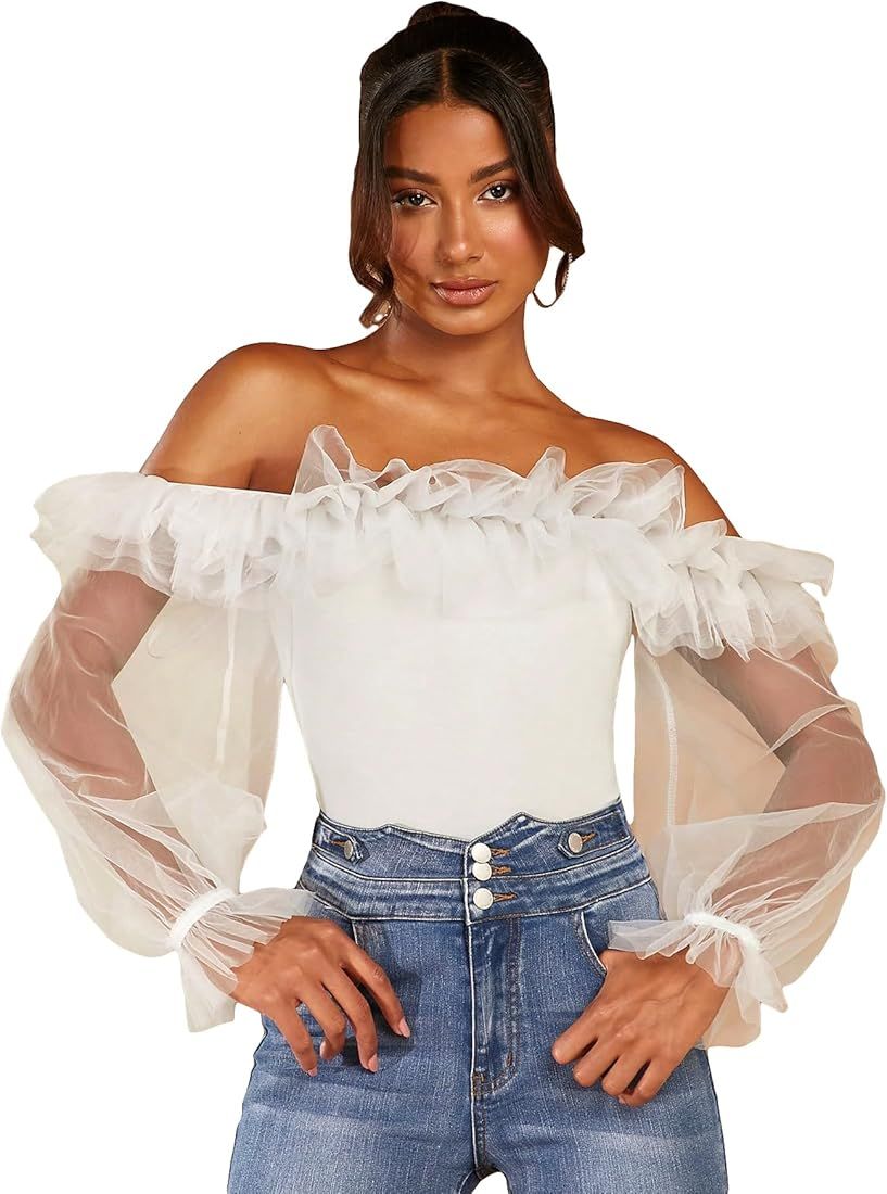 OYOANGLE Women's Ruffle Off Shoulder Blouse Mesh Puff Sleeve Party Tops Fitted Tee Shirt | Amazon (US)